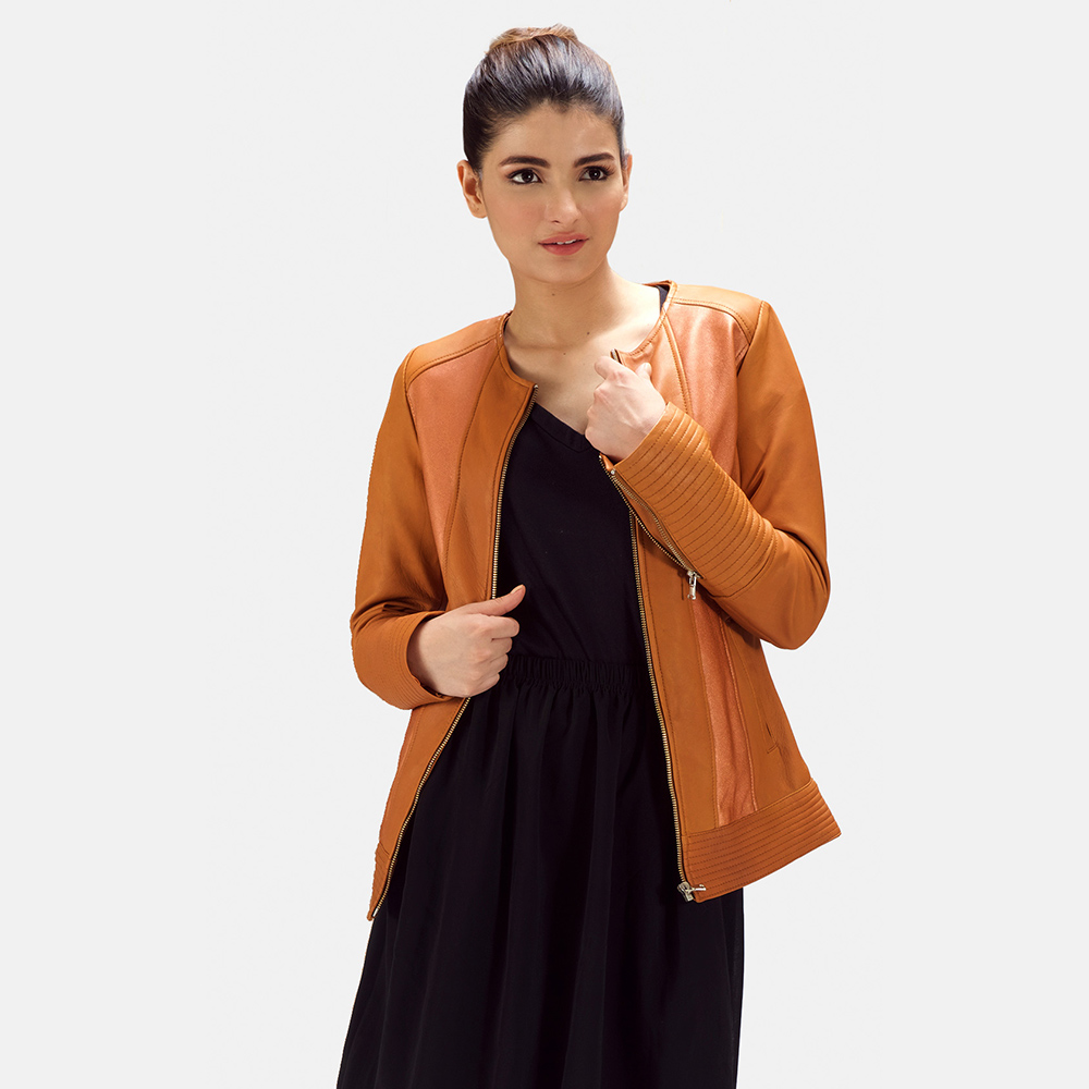 Womens Sleeky Clean Tan Leather Biker Jacket